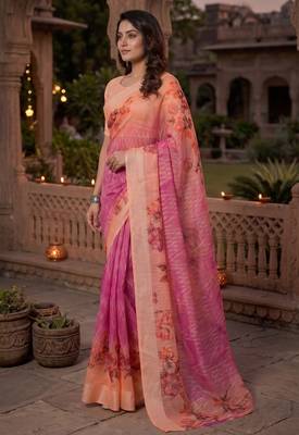 pink & peach chanderi geometric printed ready to wear saree 3