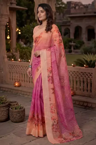 pink & peach chanderi geometric printed ready to wear saree