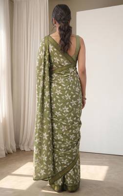 olive green & white chanderi floral printed ready to wear saree 4
