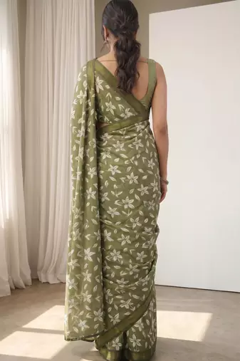 olive green & white chanderi floral printed ready to wear saree