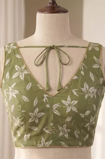 olive green & white chanderi floral printed ready to wear saree