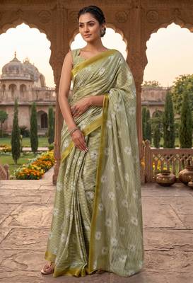olive green chanderi striped printed ready to wear saree 1