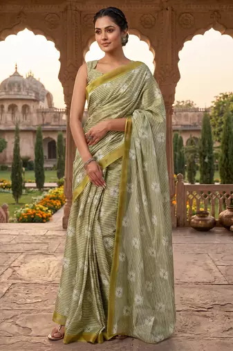 olive green chanderi striped printed ready to wear saree