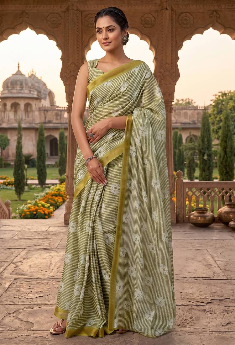 olive green chanderi striped printed ready to wear saree