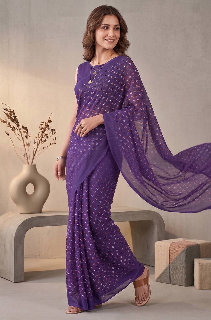 purple chanderi bandhani digital print bollywood saree