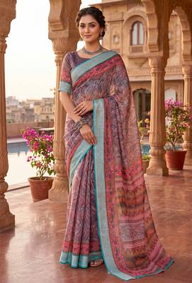 turquoise blue chanderi kalamkari printed ready to wear saree 1