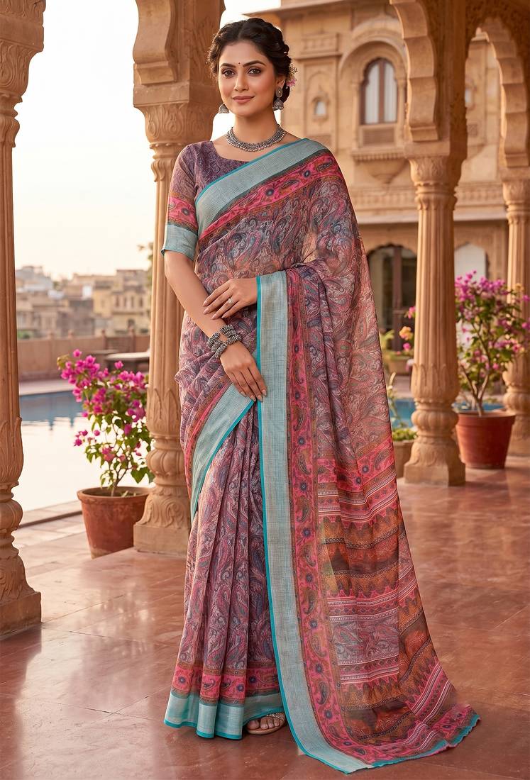 turquoise blue chanderi kalamkari printed ready to wear saree