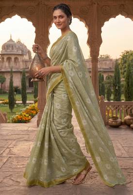 olive green chanderi striped printed ready to wear saree 2
