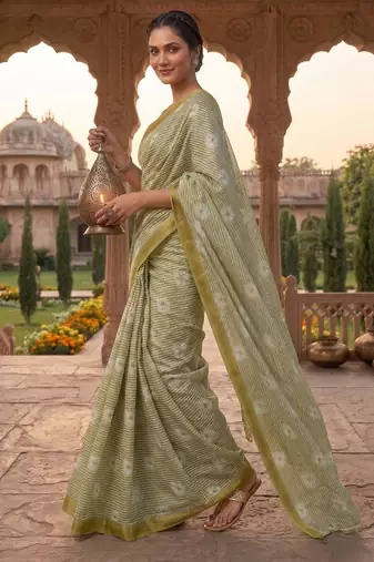 olive green chanderi striped printed ready to wear saree