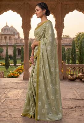 olive green chanderi striped printed ready to wear saree 3