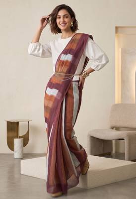 Multicolor linen striped bollywood digital print saree 1