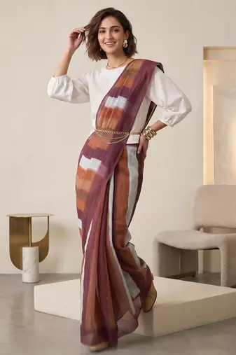 Multicolor linen striped bollywood digital print saree