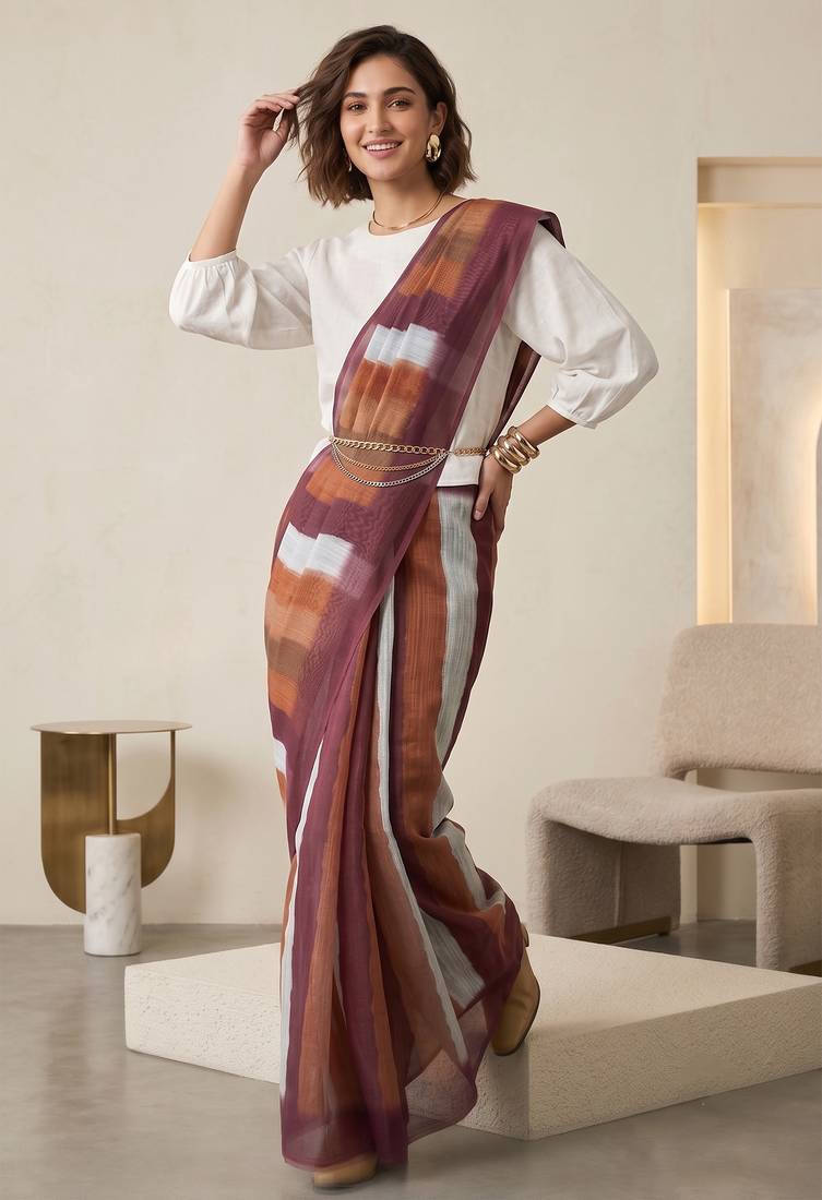 Multicolor linen striped bollywood digital print saree