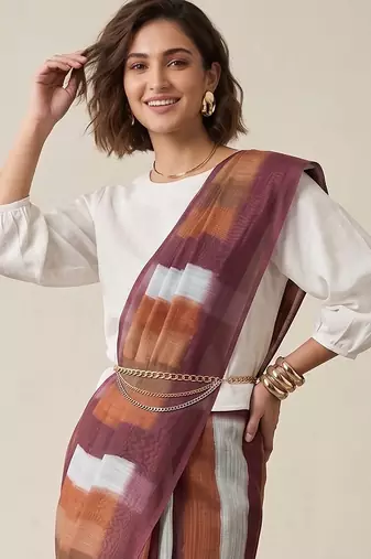 Multicolor linen striped bollywood digital print saree