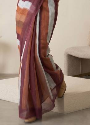Multicolor linen striped bollywood digital print saree 3