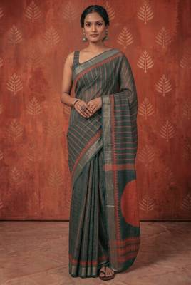 greyish- green chanderi striped & geometric printed ready to wear saree 1