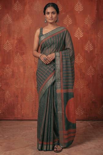 greyish- green chanderi striped & geometric printed ready to wear saree