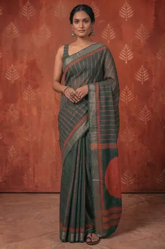 greyish- green chanderi striped & geometric printed ready to wear saree