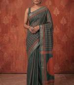 greyish- green chanderi striped & geometric printed ready to wear saree