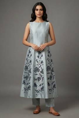 Light grey floral embroidered anarkali kurta set 1