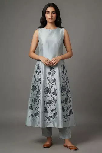 Light grey floral embroidered anarkali kurta set