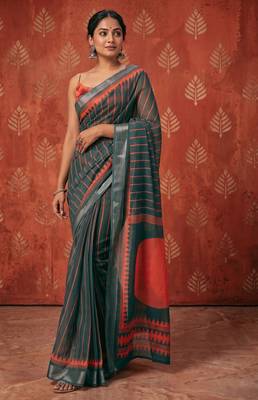 greyish- green chanderi striped & geometric printed ready to wear saree 2