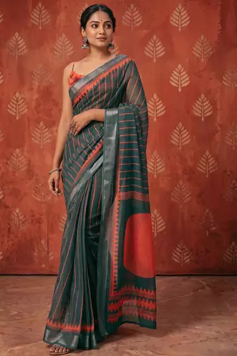 greyish- green chanderi striped & geometric printed ready to wear saree