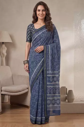 Indigo linen block print bollywood digital print saree
