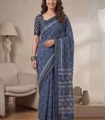 Indigo linen block print bollywood digital print saree