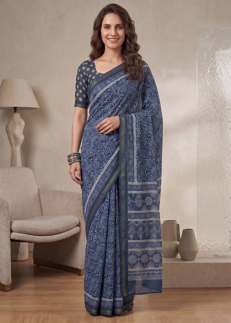 Indigo linen block print bollywood digital print saree