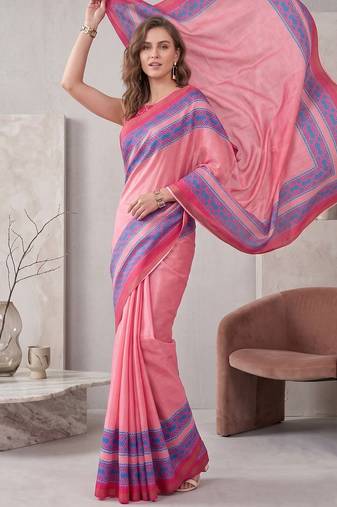 baby pink chanderi geometric digital print bollywood saree
