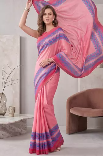 baby pink chanderi geometric digital print bollywood saree