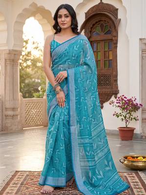 teal blue chanderi graphic printed ready to wear saree 1