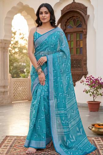 teal blue chanderi graphic printed ready to wear saree