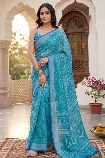 teal blue chanderi graphic printed ready to wear saree