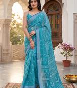 teal blue chanderi graphic printed ready to wear saree