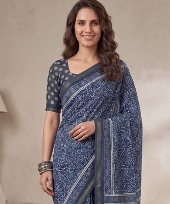Indigo linen block print bollywood digital print saree 2