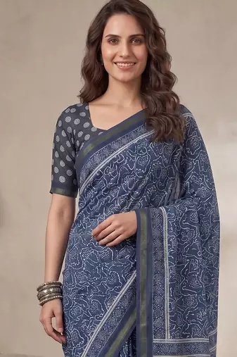 Indigo linen block print bollywood digital print saree