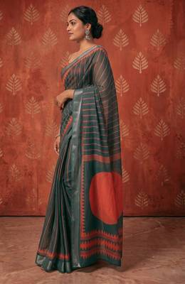 greyish- green chanderi striped & geometric printed ready to wear saree 3