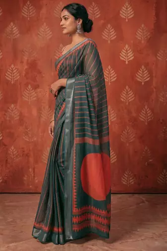 greyish- green chanderi striped & geometric printed ready to wear saree