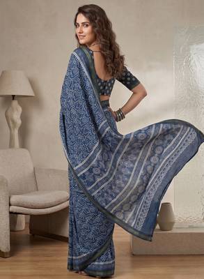 Indigo linen block print bollywood digital print saree 3