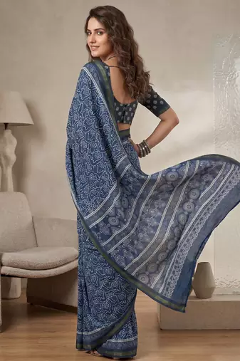 Indigo linen block print bollywood digital print saree