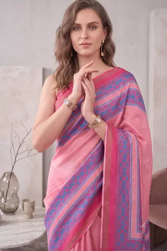 baby pink chanderi geometric digital print bollywood saree