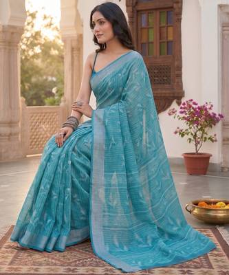 teal blue chanderi graphic printed ready to wear saree 2