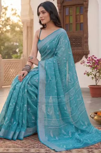 teal blue chanderi graphic printed ready to wear saree
