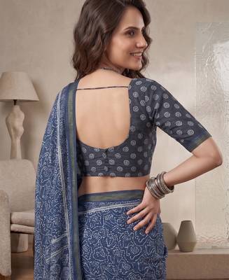 Indigo linen block print bollywood digital print saree 4