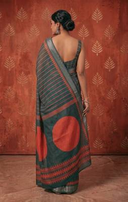 greyish- green chanderi striped & geometric printed ready to wear saree 4