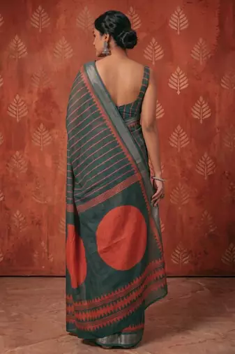 greyish- green chanderi striped & geometric printed ready to wear saree