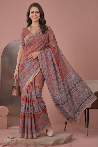 Cinemon linen block print bollywood digital print saree