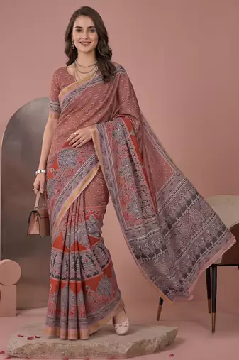 Cinemon linen block print bollywood digital print saree